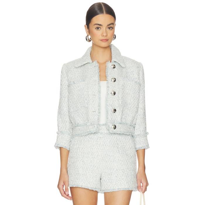 L\u0027agence 【 Jia Crop 3/4 Sleeve Fringe Jacket Women Light Blue \u0026Amp; Ivory Chevron 】 Crop クロップ Sleeve 捩り Jacket 上衣 レディース 青み 青色 象牙色