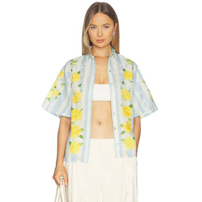 Verandah 【 Blooming Roses And Stripes Shirt Women Ice Blue Floral \u0026Amp; Stripes 】 レディース 青碧 青碧