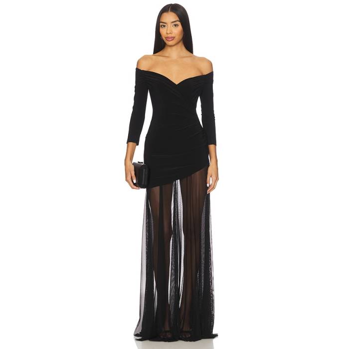 Norma Kamali 【 Off Shoulder Sweetheart Combo Flared Gown Women Black \u0026Amp; Black Mesh 】 レディース 黒いこと 黒いこと