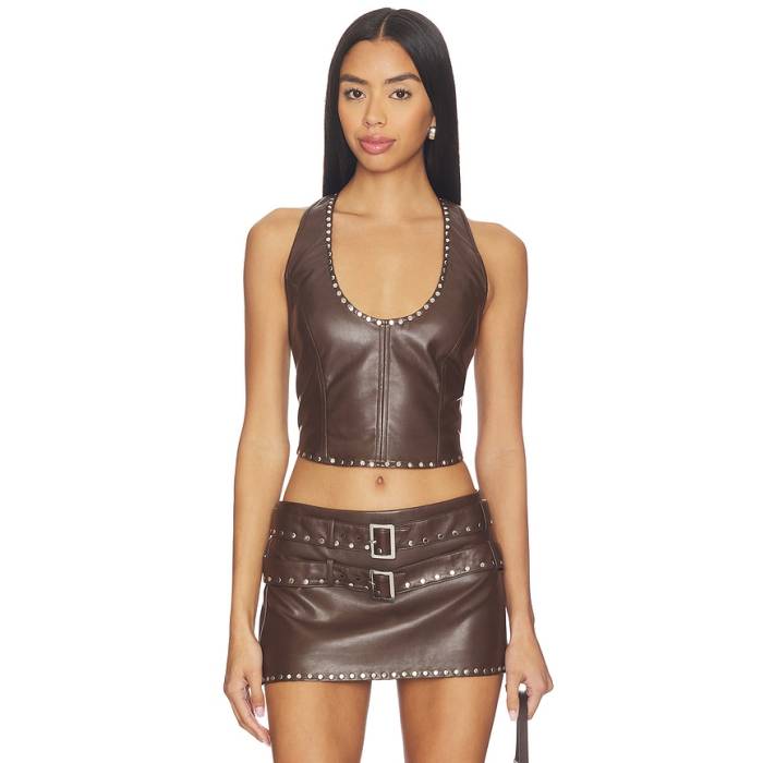 Lamarque 【 X Revolve Liddy Faux Leather Studded Halter Top Women Dark Brown 】 なめし革 レディース 赤銅色 赤銅色