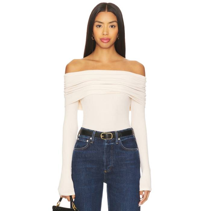 Enza Costa 【 Silk Rib Long Sleeve Off-Shoulder Top Women Fawn 】 Sleeve 捩り レディース