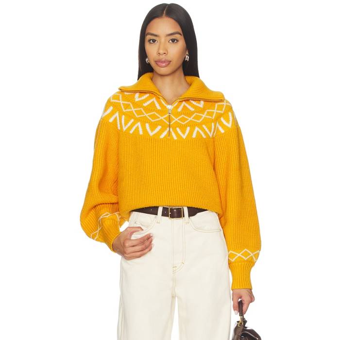 バーリー Varley 【 Sigrid Fairisle Half Zip Knit Sweater Women Alpine Gold 】 二分の一 編み物 調教師 レディース ゴールド