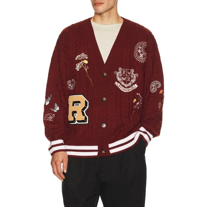 Ryoko Rain 【 Cable Knit Cardigan Men Red 】 編み物 ジレー メンズ Red 赤・赤いこと