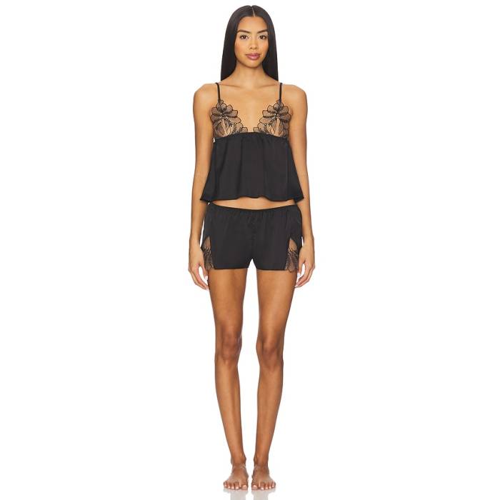 青みベラ Bluebella 【 Sadiya Luxury Satin Cami And Short Women Black \u0026Amp; Sheer 】 繻子 レディース 黒いこと 黒いこと