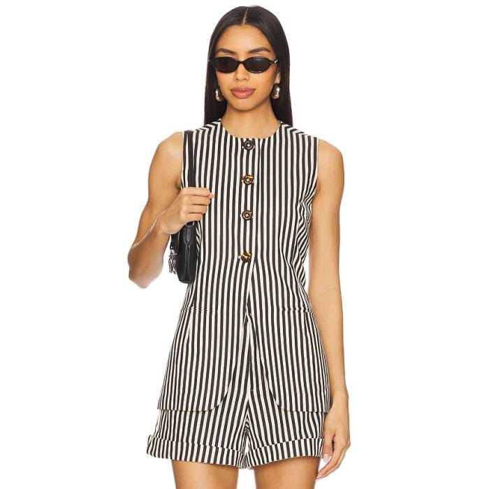 Simonmiller 【 Del Mar Linen Vest Women Black \u0026Amp; Macadamia Micro Stripe 】 より良い レディース 黒いこと 黒いこと Micro ミクロ Stripe 縞模様