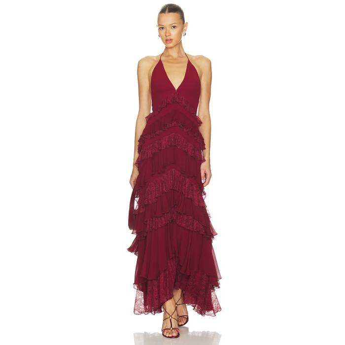アリスアンドオリビア Alice + Olivia 【 Liana Ruffle Maxi Dress Women Oxblood 】 御召しもの レディース 赤・オックスブラッド