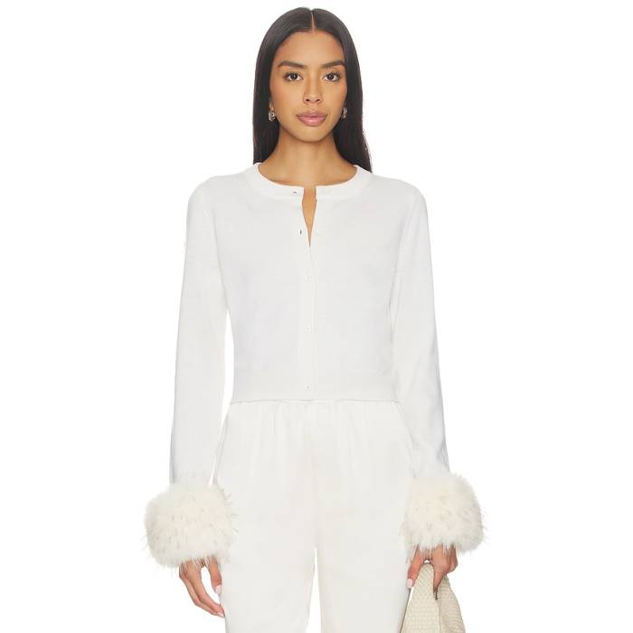 アリスアンドオリビア Alice + Olivia 【 Dollie Faux Fur Cuff Cardigan Women Soft White 】 ジレー レディース 白いこと 白いこと