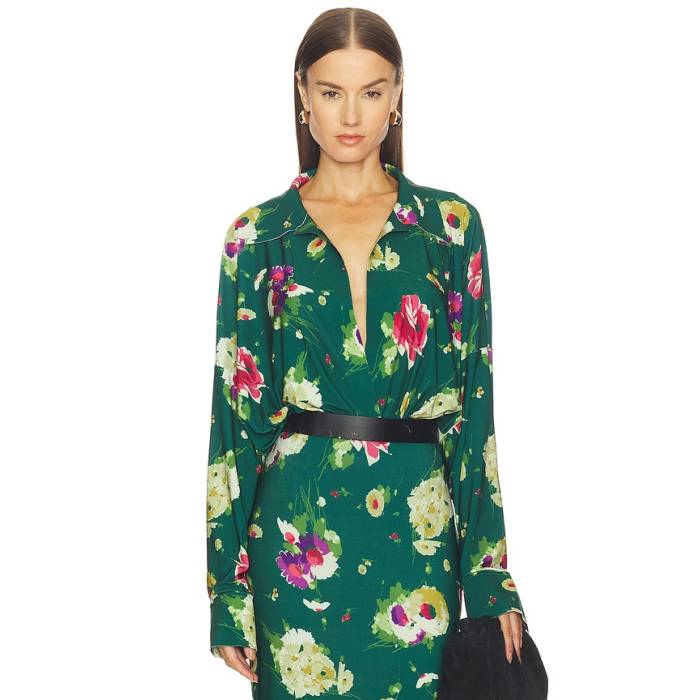 Norma Kamali 【 Super Oversized Boyfriend Shirt Bodysuit Women Floral Green Multi 】 上半身背広 レディース green 緑・緑であること