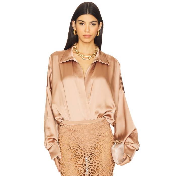 Norma Kamali 【 Super Oversized Boyfriend Neck Shirt Bodysuit Women Cappuccino 】 上半身背広 レディース
