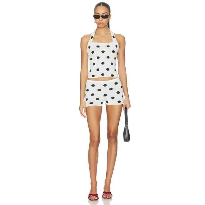 More To Come 【 Viviana Knit Short Set Women Ivory \u0026Amp; Black Dot 】 編み物 レディース 象牙色 黒いこと 黒いこと