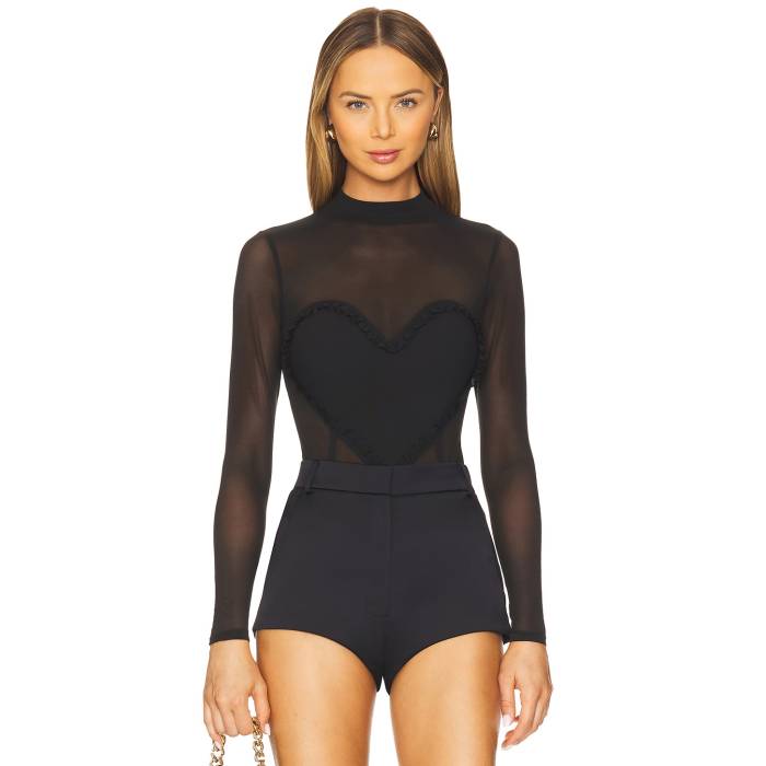 フルールドゥマル Fleur Du Mal 【 Mesh Ruffle Heart Bodysuit Women Black 】 ボディースーツ レディースファッション トップス その他 レディース 黒色 ブラック