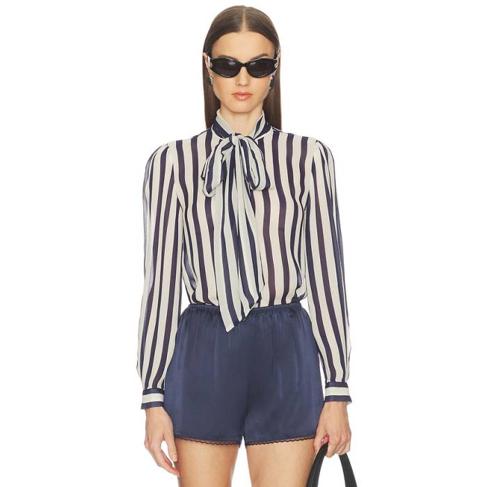 Self-Portrait 【 Navy Stripe Tie Neck Blouse Women Navy 】 紺色 米国海軍 Stripe 縞模様 タイ レディース 紺色 米国海軍