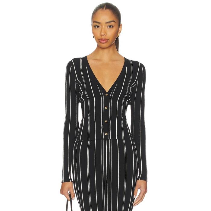 Hevron 【 Pearl Cardigan Women Black Ivory Stripe 】 パール ジレー レディース 黒いこと 黒いこと 象牙色 Stripe 縞模様