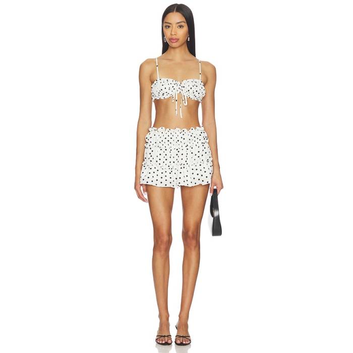 More To Come 【 Mandy Mini Skirt Set Women White \u0026Amp; Black Dot 】 レディース 白いこと 白いこと 黒いこと 黒いこと