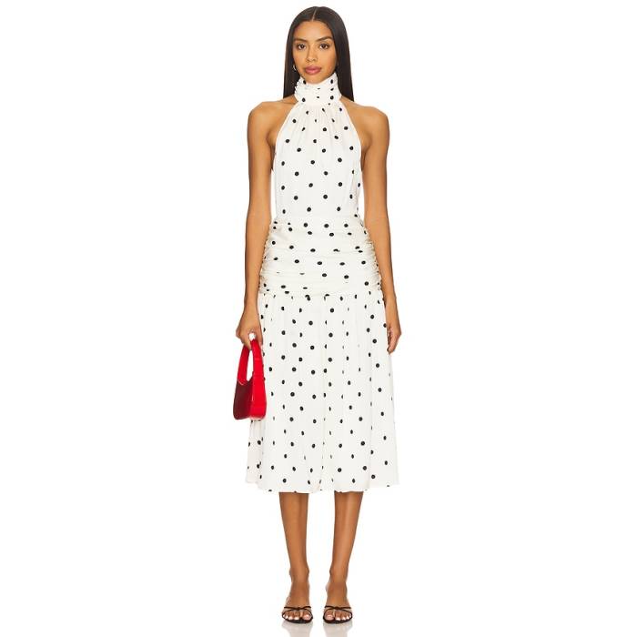 More To Come 【 X Yhasmina Ferrara Carmina Halter Midi Dress Women White \u0026Amp; Black Dot 】 お召しもの レディース 白いこと 白いこと 黒いこと 黒いこと