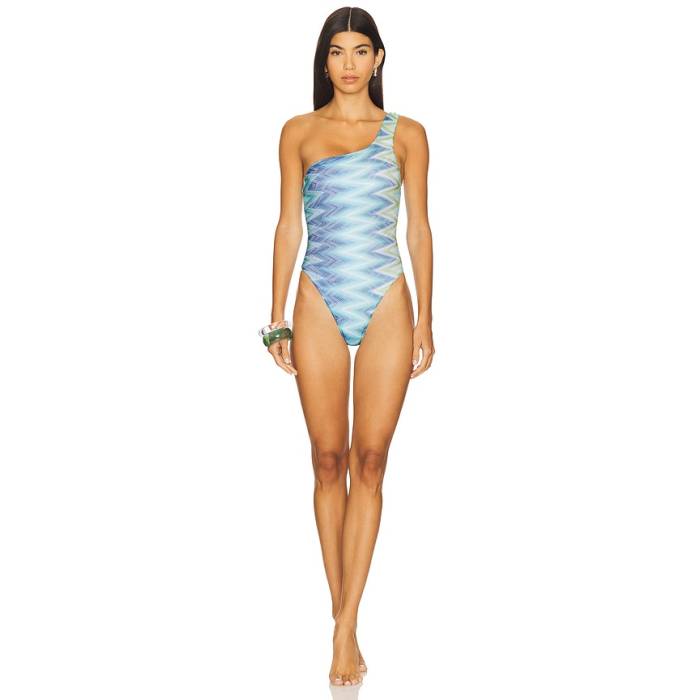 Missoni 【 One Piece Swimsuit Women Blue \u0026Amp; Green Macro Chevron 】 水泳着 レディース 青み 青色 green 緑・緑であること