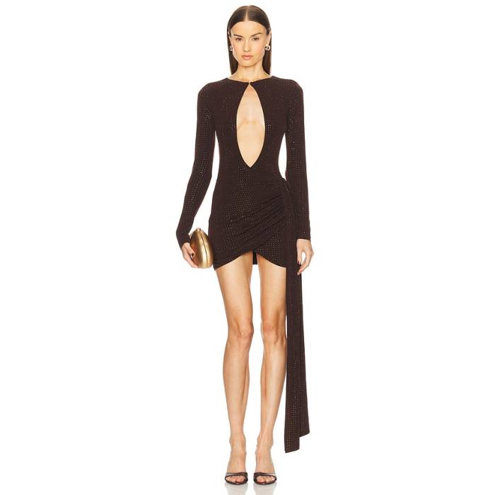 Michael Costello 【 X Revolve Piemonte Rhinestone Mini Dress Women Chocolate Brown 】 お召しもの レディース 赤銅色 赤銅色 ドレス-レディースファッション
