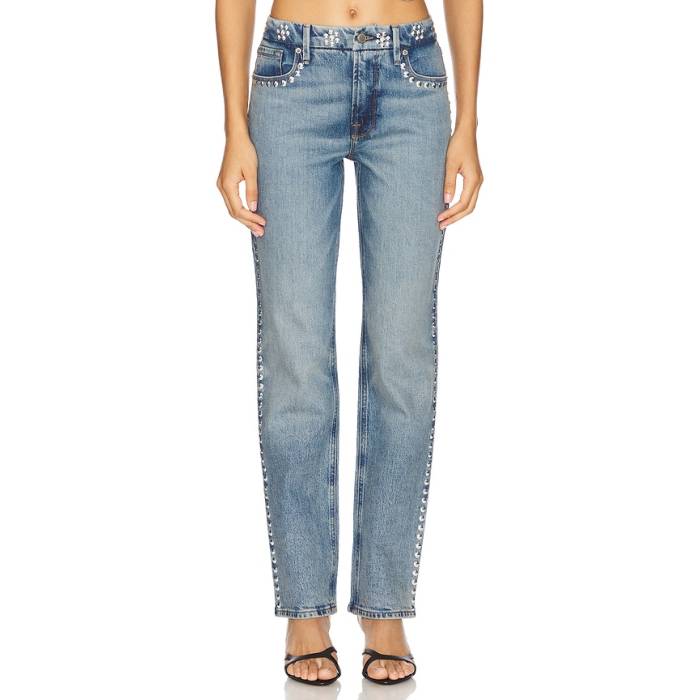 好ましいアメリカン Good American 【 Good Icon Studded Straight Jeans Women Indigo895 】 アイコン デニム レディース