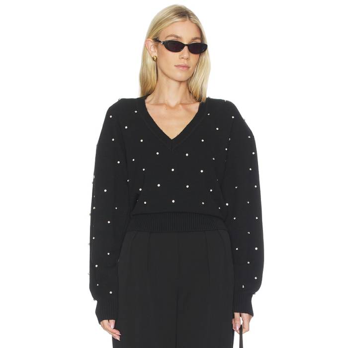 Ronny Kobo 【 Corin Crystal Knit V-Neck Women Black 】 編み物 V素っ首 レディース 黒いこと 黒いこと