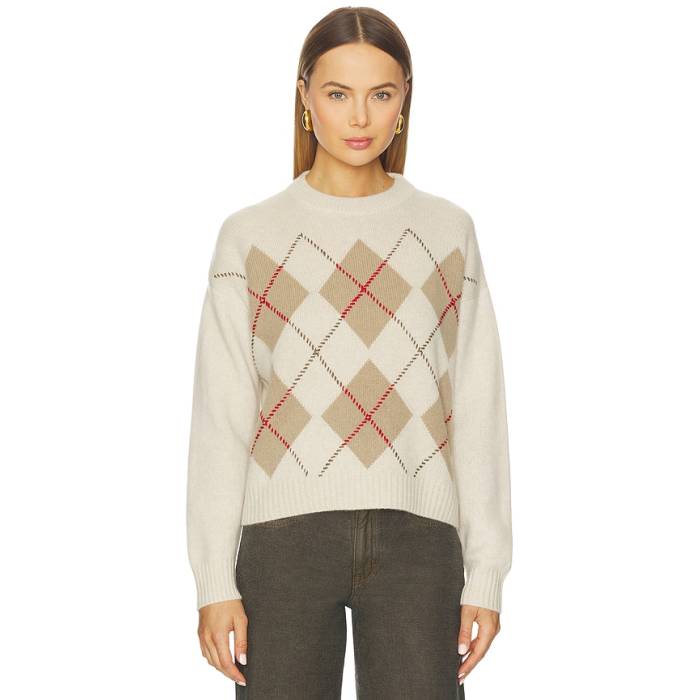 White \u0026 Warren 【 Cashmere Argyle Crew Sweater Women Natural Combo 】 労働者の一団 調教師 レディース 自然的