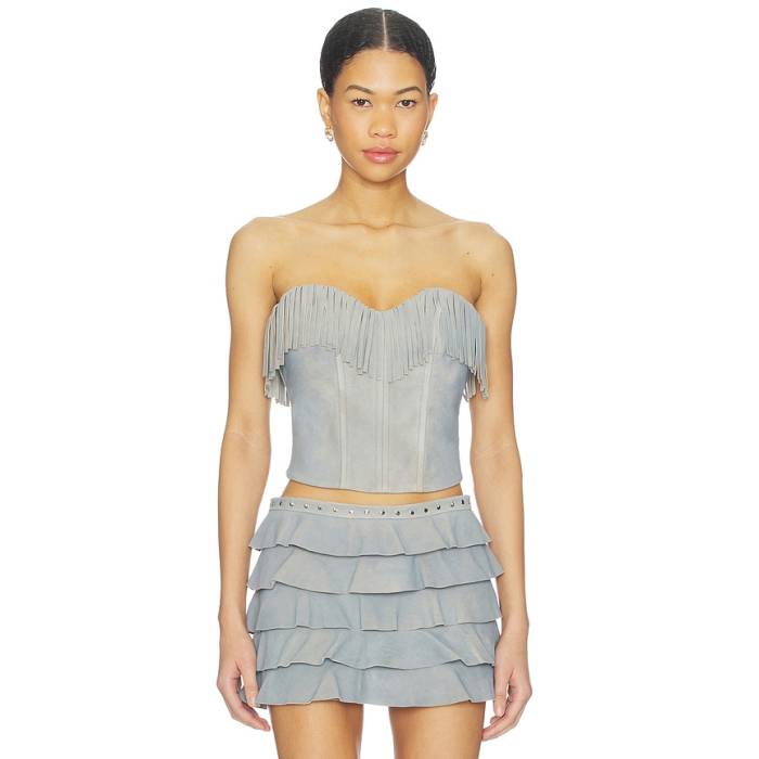 Lamarque 【 X Revolve Gianni Fringed Suede Bustier Top Women Distressed Blue 】 スエード・スウェード レディース 青碧 青碧