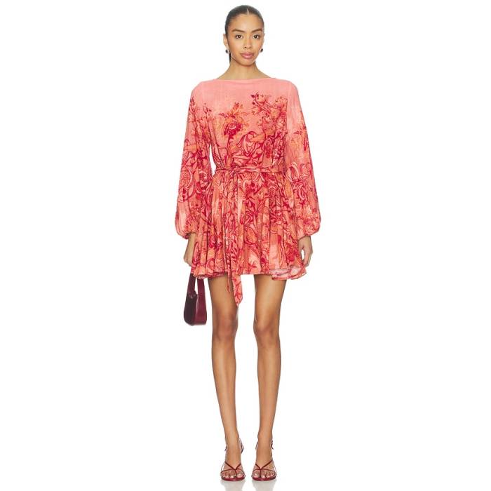 Hemant And Nandita 【 Mini Dress With Tie Up Belt Women Coral 】 お召しもの タイ 胴締め レディース ドレス-レディースファッション