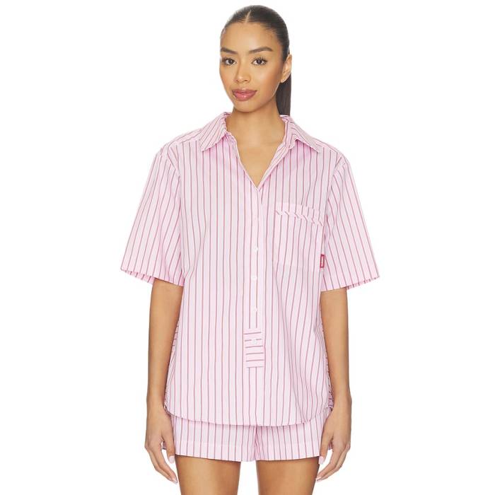 Hommey 【 Stripe Pajama Short Sleeve Shirt Women Poppy 】 Stripe 縞模様 Sleeve 捩り レディース