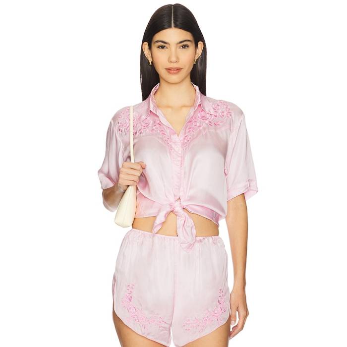 Swf 【 Embroidered Short Sleeve Shirt Women Rose Quartz 】 Sleeve 捩り レディース Rose サクラ色