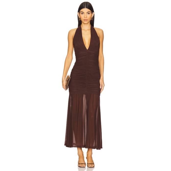 バルドット Bardot 【 X Revolve Sephera Halter Mesh Midi Dress Women Chocolate 】 ドレス レディース｜スニケス