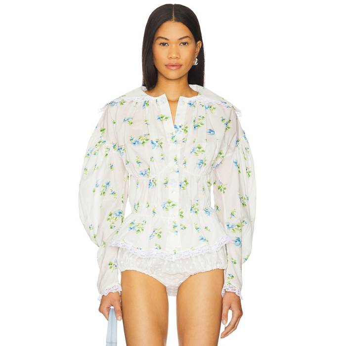 Yuhan Wang 【 Blouse Women Blue Rose Print 】 レディース 青味 青み Rose サクラ色