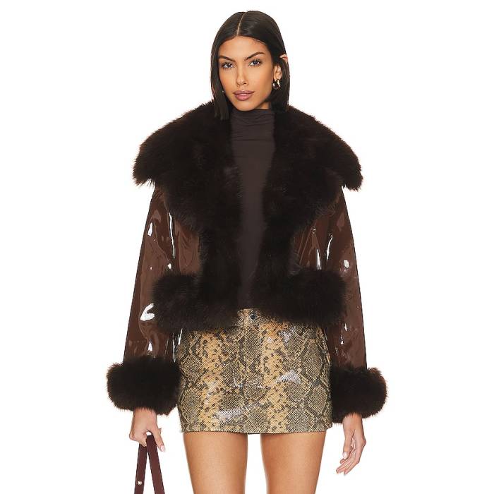 Adrienne Landau 【 Faux Leather \u0026 Fur Jacket Women Chocolate Brown 】 なめし革 Jacket 上衣 レディース 赤銅色 赤銅色