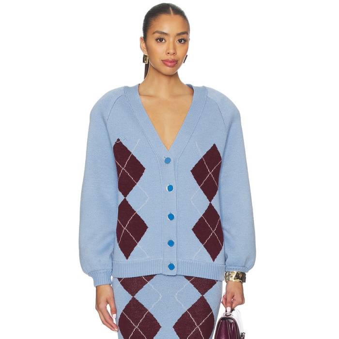 Rowen Rose 【 Knit Cardigan Women Blue With Bordeaux Pattern 】 編み物 ジレー レディース 青碧 青碧