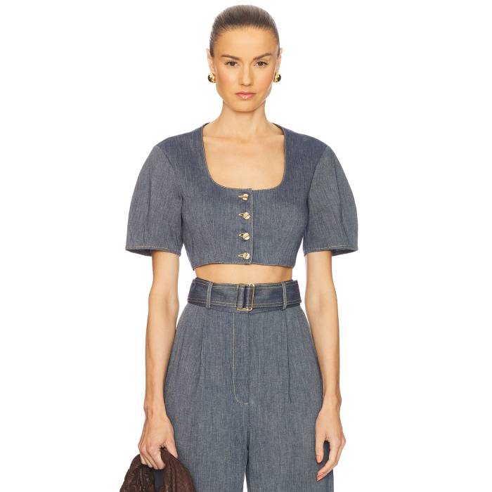 Matthew Bruch 【 Apron Puff Sleeve Crop Top Women Denim 】 Sleeve 衣袂 Crop クロップ レディース ジーンズ