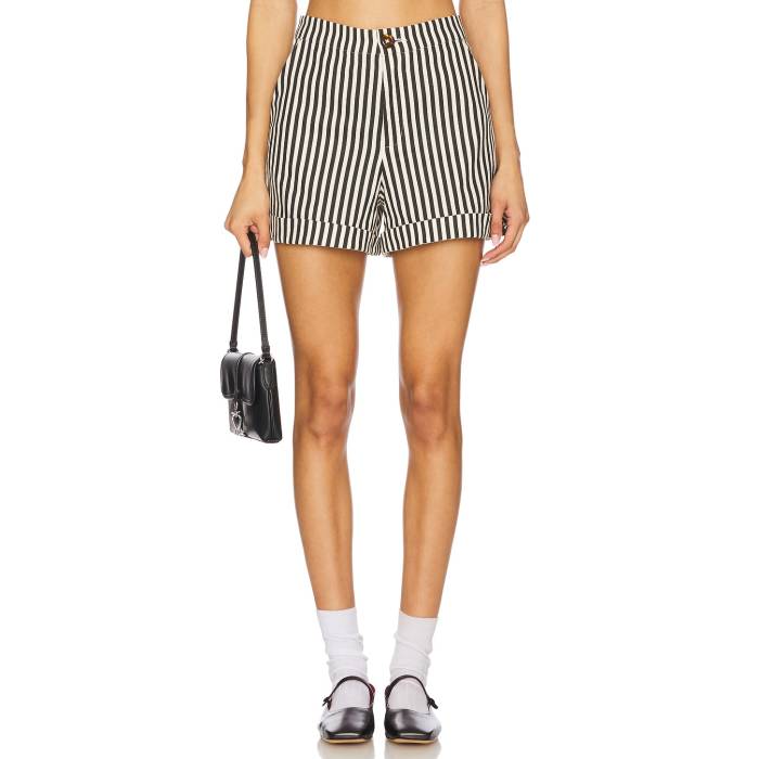 Simonmiller 【 Como Linen Shorts Women Black & Macadamia Micro Stripe 】 ショーツ レディースファッション ボトムス パンツ レディース 黒色 ブラック Micro ミクロ Stripe ストライプ