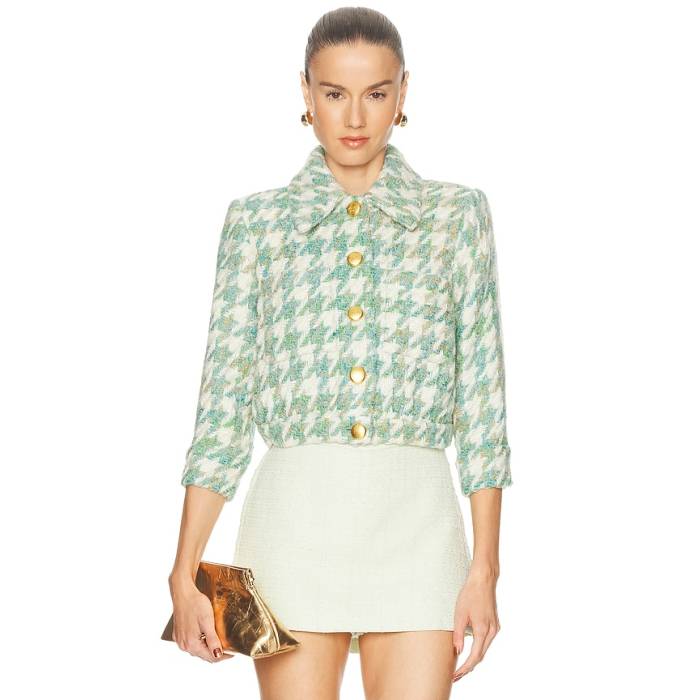 L\u0027agence 【 Jia Crop 3/4 Sleeve Jacket Women Dusty Jade Multi Houndstooth 】 Crop クロップ Sleeve 捩り Jacket 上衣 レディース 翡翆・ジェード