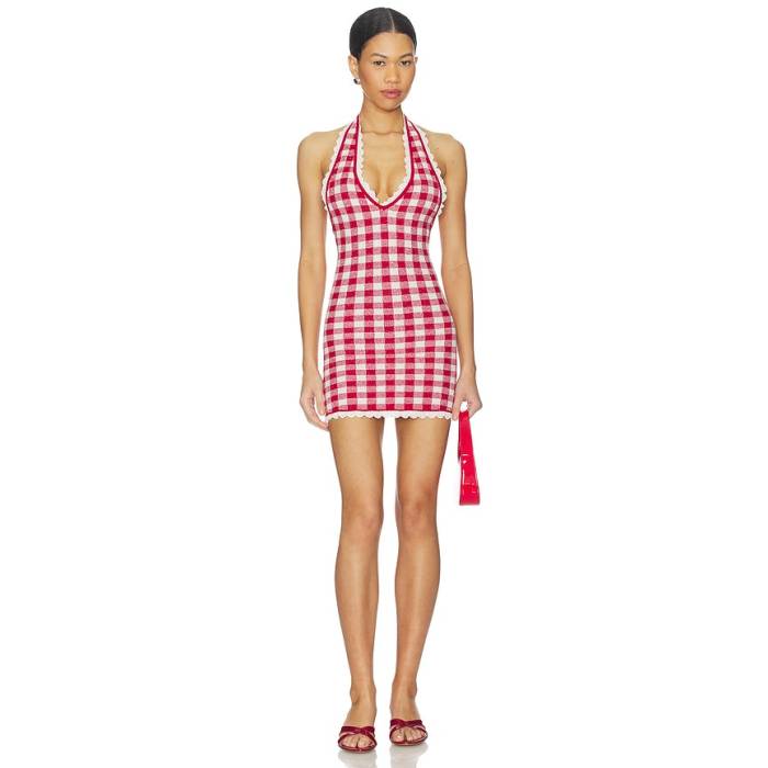 Majorelle 【 Sofiya Knit Mini Dress Women Red Gingham 】 ニット ドレス レディース Red 赤・レッド｜スニケス