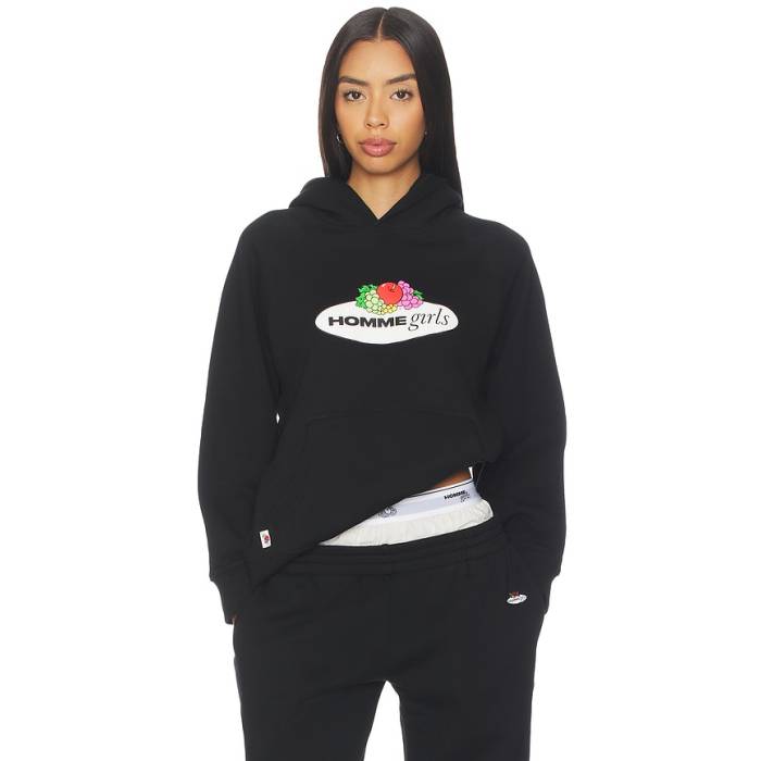 Hommegirls 【 X Fruit Of The Loom Hoodie Women Black With Printed Lock Up Logo 】 フーディー パーカー レディース 黒いこと 黒いこと ロゴタイプ