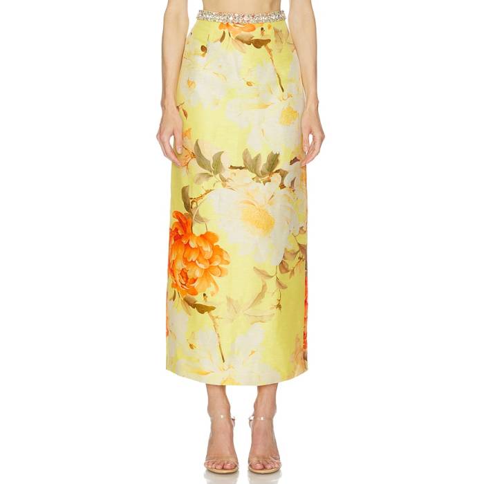 Leo Lin 【 Kyra Embellished Maxi Skirt Women Peony Print In Yellow 】 レディース yellow 黄味がかった・黄色