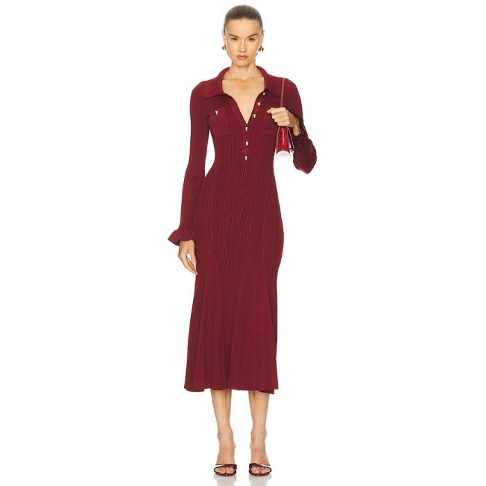 Self-Portrait 【 Ribbed Knit Midi Dress Women Burgundy 】 編み物 御召しもの レディース ブドウ酒色・バーガンディー