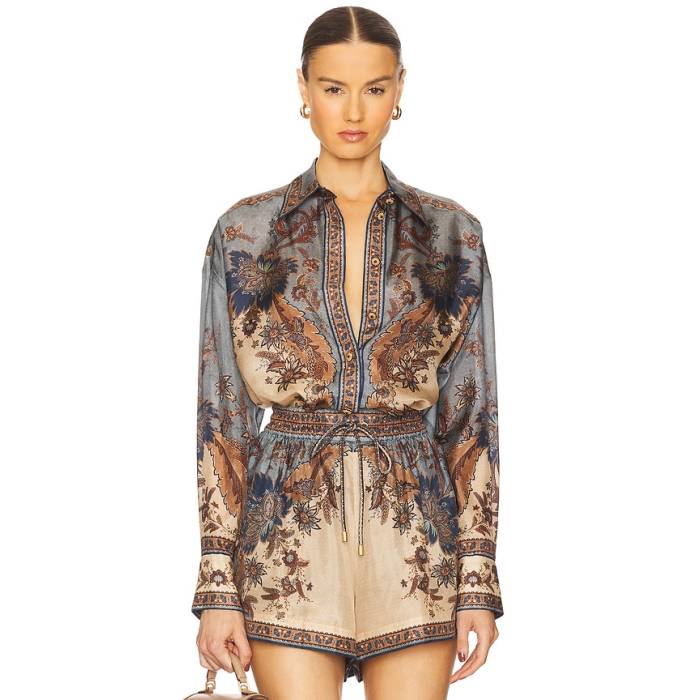 ジマーマン Zimmermann 【 Ascension Manstyle Shirt Women Blue \u0026Amp; Cream Indienne Floral 】 レディース 青碧 青碧 皮膚軟化剤
