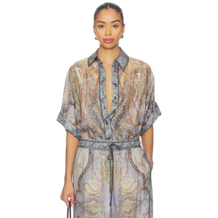 ジマーマン Zimmermann 【 Wanderlust Short Sleeve Shirt Women Tapestry Blue Multi 】 Sleeve 衣袂 レディース 青碧 青碧