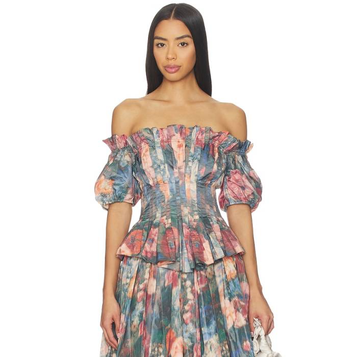 プラバルグルン Prabal Gurung 【 Off Shoulder Ruched Blouse Women Green Peach Multi 】 レディース green 緑・緑であること