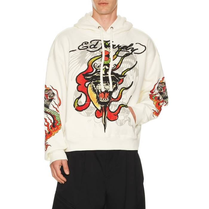 エドハーディー Ed Hardy 【 Panther Flame Boxy Rhinestone Fleece Hoodie Men Ivory 】 フリース フーディー パーカー メンズ 象牙色