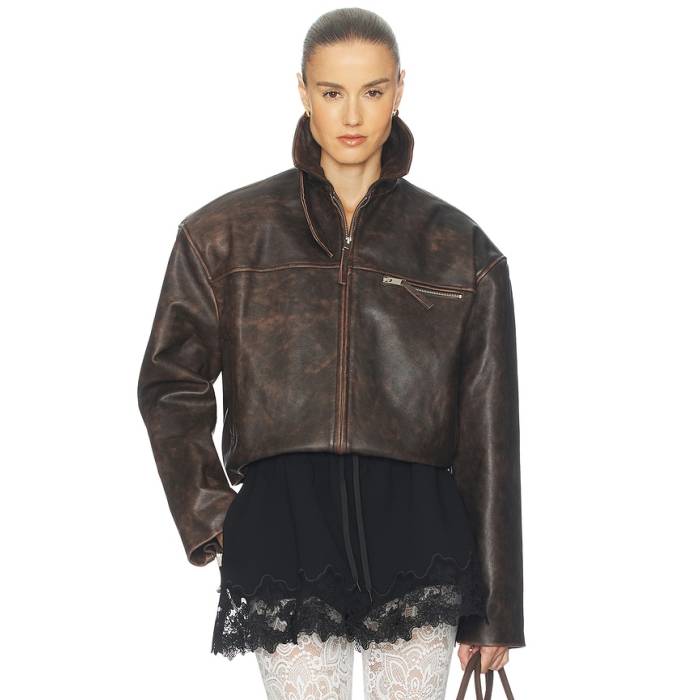 Helsa 【 The Leather Oversized Moto Jacket Women Brown Distressed 】 なめし革 Jacket 上衣 レディース 赤銅色 赤銅色