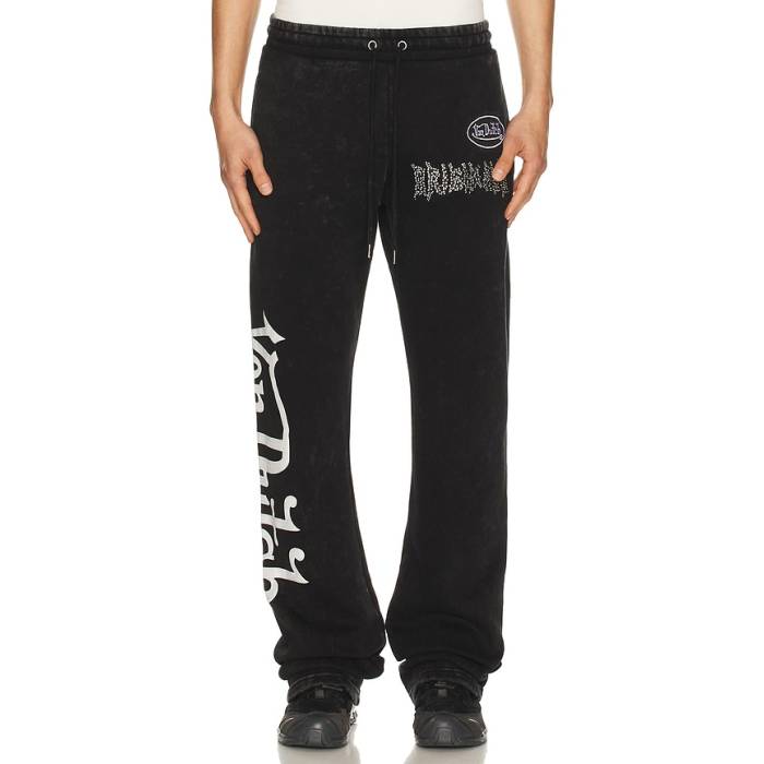 フォンダッチ Von Dutch 【 Logo Flared Leg Joggers Men Jet Black Bleach Wash 】 ロゴ ジョガーパンツ メンズ 黒色 ブラック｜スニケス
