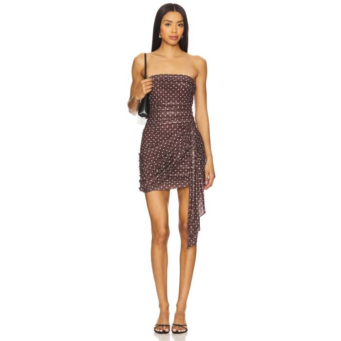 アマンダアプリチャード Amanda Uprichard 【 X Revolve Anja Dress Women Chocolate Brown Polka Dot 】 ドレス レディースファッション ドレス レディース 茶色 ブラウン