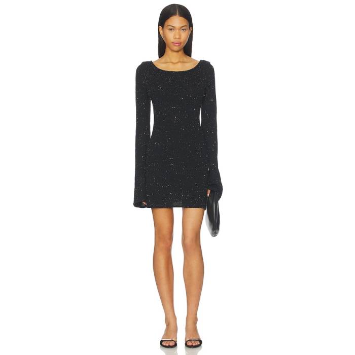Asta Resort 【 Maya Longsleeve Mini Dress Women Black Sequin 】 ロング捩り・長袖 お召しもの レディース 黒いこと 黒いこと