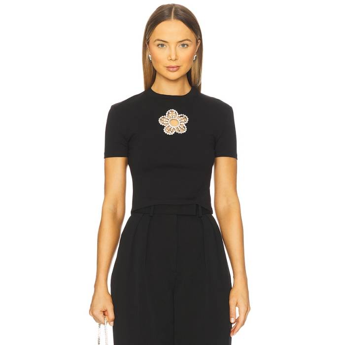 Area 【 Crystal Flower Cropped T-Shirt Women Black 】 プルオーバー レディース 黒いこと 黒いこと