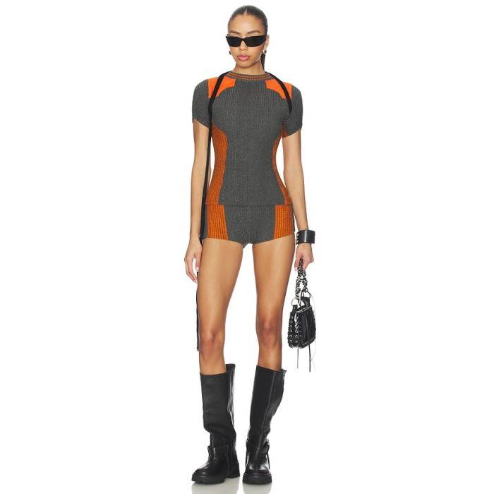 Ottolinger 【 Textured Knit Team Shirt Women Grey \u0026Amp; Orange 】 編み物 Team 野球クラブ レディース 薄墨色 薄墨色 orange 橙・オレンジ色