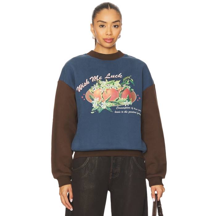 Wish Me Luck 【 Greatest Fortune Crewneck Sweater Men Blue \u0026Amp; Brown 】 調教師 メンズ 青味 青み 赤銅色 赤銅色